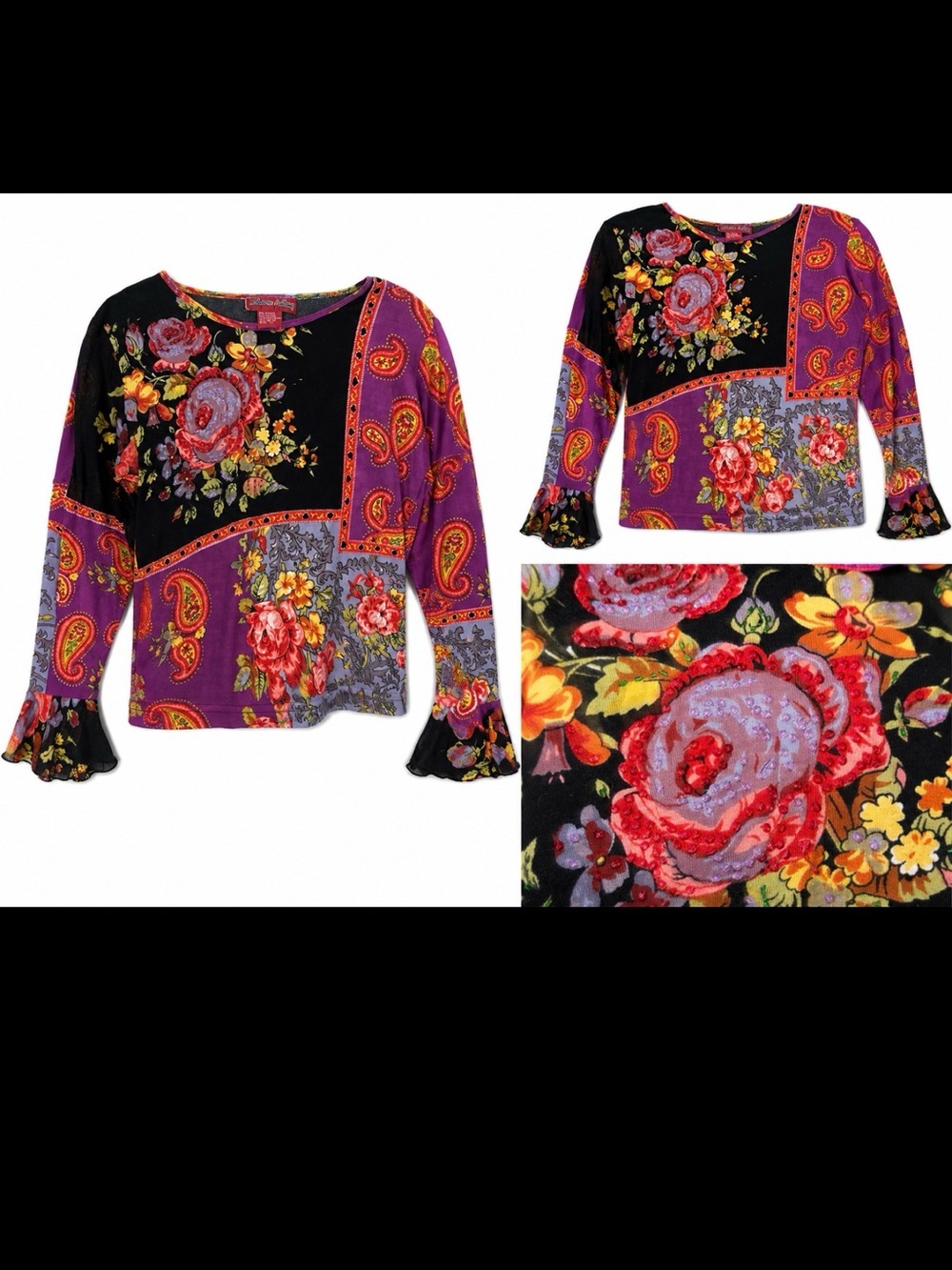 Bohemian Floral Patchwork Bell-Sleeve Blouse - Purple/Black